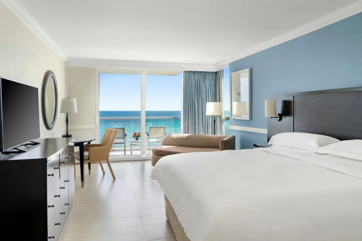Ocean View king room with private balcony overlooking the Caribbean Sea at Dreams Rose Hall Resort & Spa.